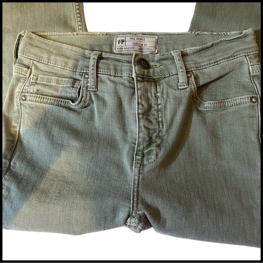 FREE PEOPLE HIGH-WAISTED OLIVE GREEN DISTRESSED SKINNY JEANS - Picture 6 of 12